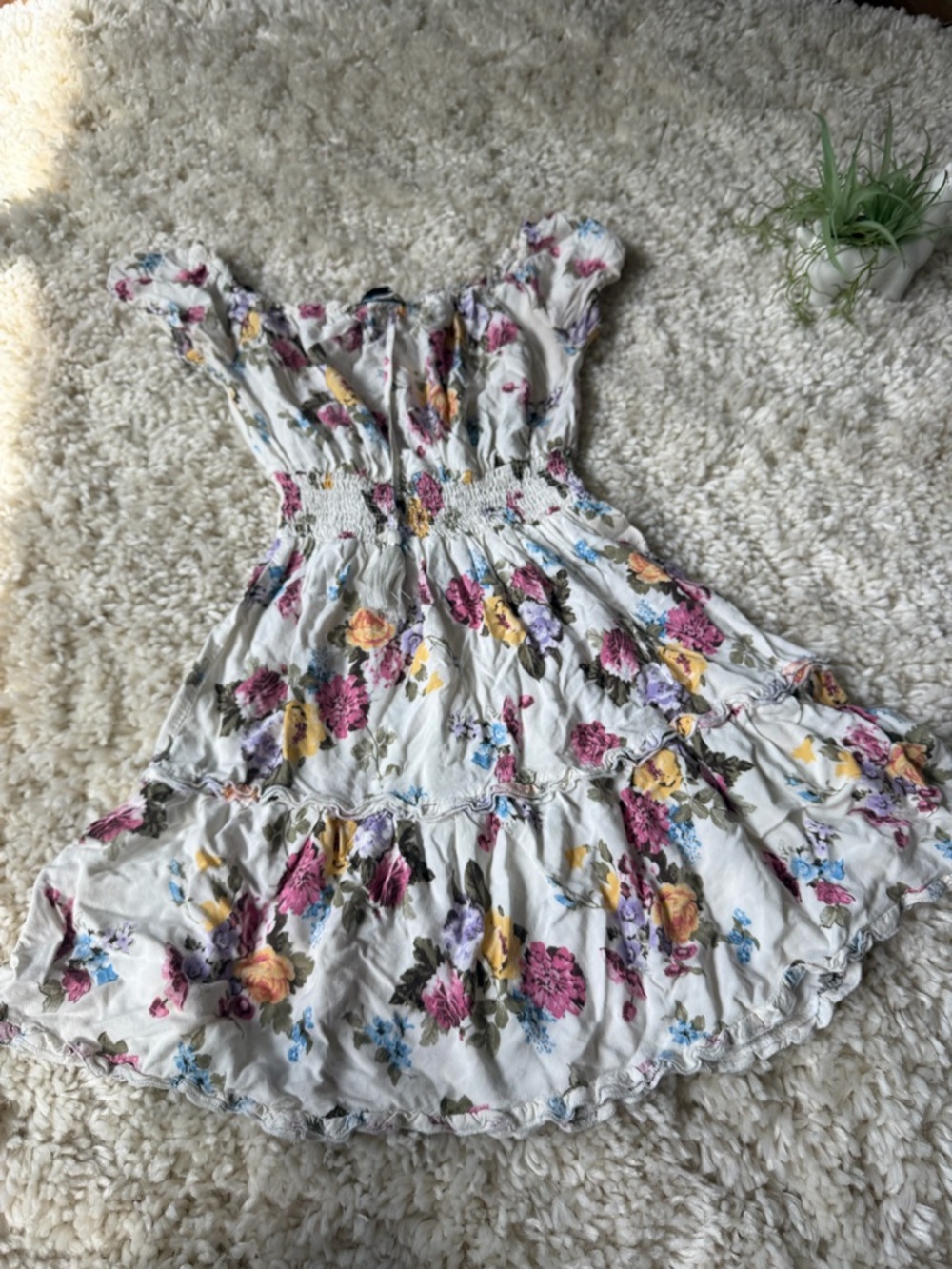 Floral Tiered Smocked Dress - White with Pink & Yellow Bloom spring dress